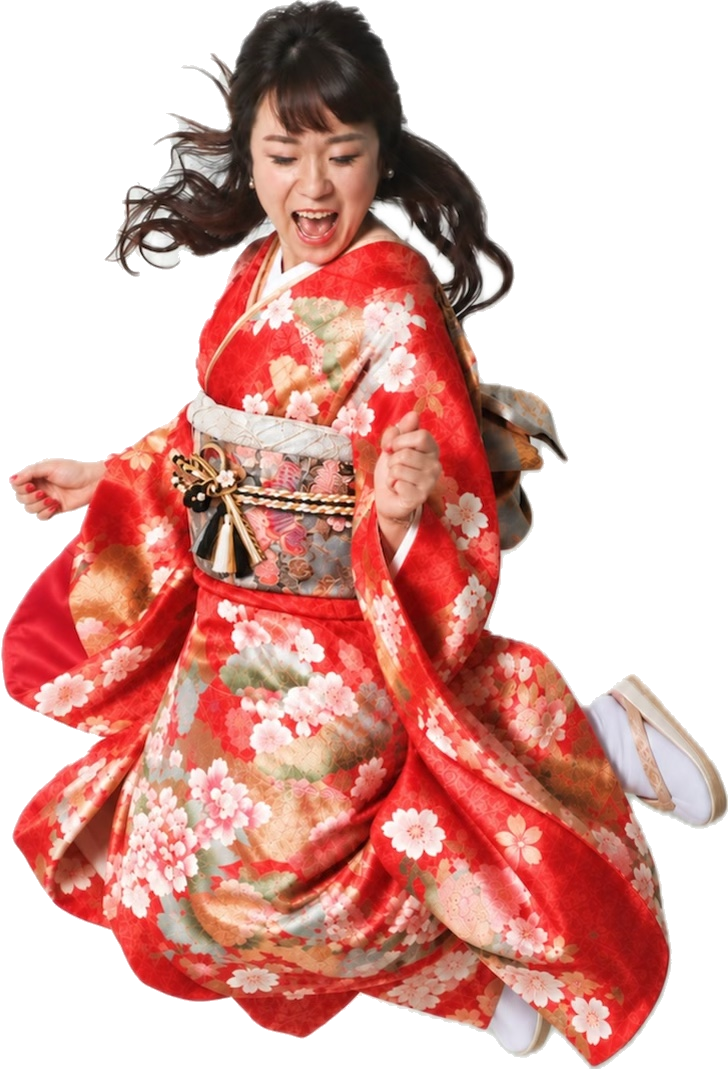 赤い着物姿で元気にジャンプする土井香奈